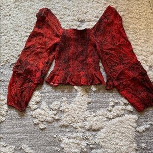 Vintage Havana Red Snake-Print Puff-Sleeve Smocked Blouse